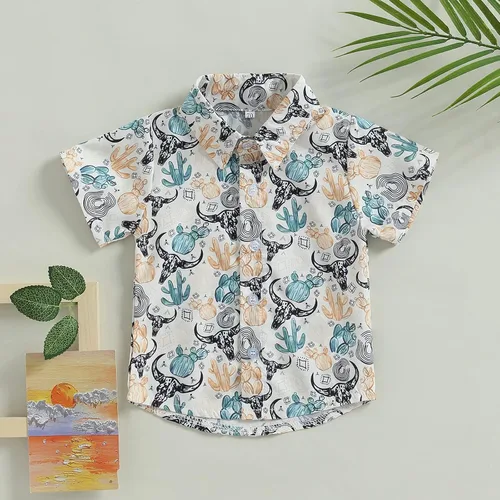 Vista 2 de Ropa occidental para bebé, camisas con estampado de vaca, manga corta, botones y cuello de solapa, camiseta de verano 6M-4T