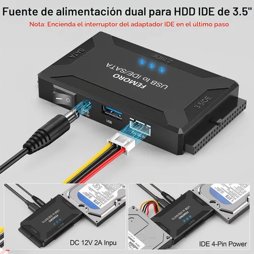 Vista 8 de FEMORO Lector de disco duro IDE SATA a USB 3.0 + adaptador USB C, kit de convertidor de recuperación de datos 3 en 1 con fuente de alimentación