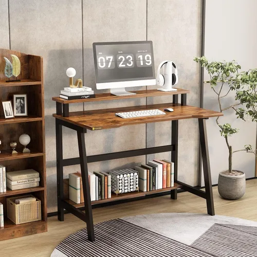 Vista 2 de Escritorio pequeño moderno de 31.5 pulgadas, escritorio compacto para computadora para oficina en casa y estudio, ahorro de espacio con estantes