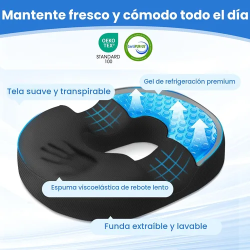 Vista 2 de Almohada de dona para dolor de coxis, hemorroides, cojín de espuma viscoelástica de gel refrescante para silla, para oficina, hogar y silla