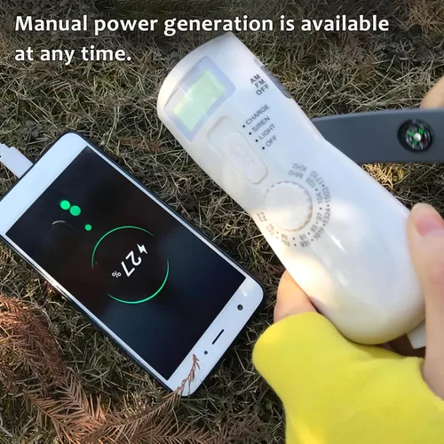 Vista 3 de Banco de energía de manivela con linterna LED, generador manual portátil, cargador de emergencia, fuente de alimentación solar y recargable por USB