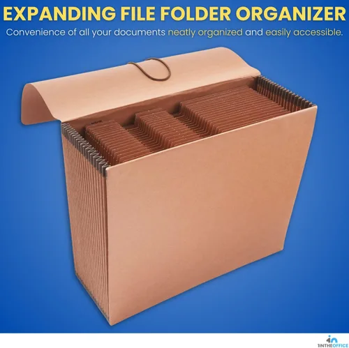 Vista 2 de 1InTheOffice Organizador de carpetas de archivos expansibles, carpeta de acordeón con solapa, organizador de archivos A-Z, tamaño carta, marrón