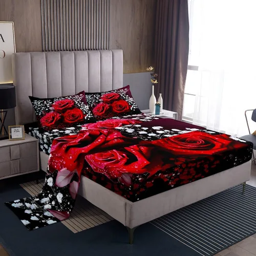 Vista 10 de Juego de sábanas femeninas de flores de rosas rojas, tamaño individual, juego de ropa de cama para el día de San Valentín, decoración de habitación