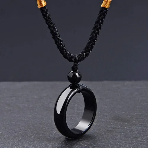 Vista 2 de Hombres Mujeres Negro Ágata Natural Piedra Cristal Anillo Forma Colgante Collar Protección Potente Joyería Accesorios Ajustable, Piedra de ágata