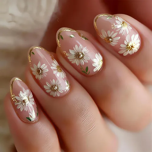 Vista 16 de Nude French Tip Acrylic Medium Almond Press on Nails Flower Fake Nails LHD-Almond-006-03