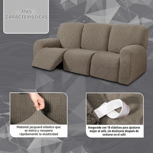 Vista 3 de ULTICOR - Juego de 8 fundas para sofá reclinable de jacquard, fundas elásticas para sofá reclinable para 3 cojines, gruesas, suaves, lavables Gris