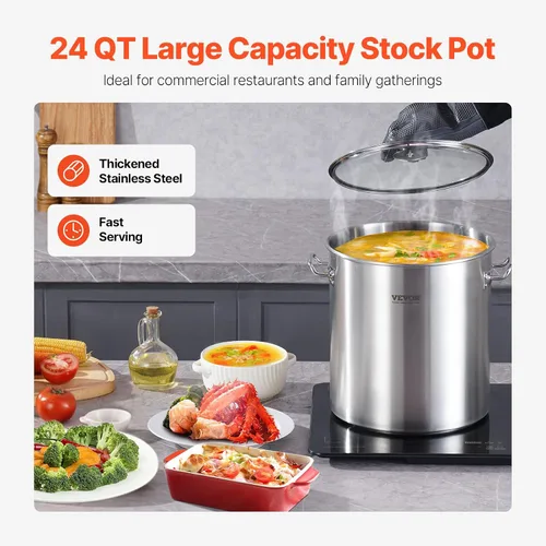 Vista 2 de VEVOR Olla de acero inoxidable, ollas de cocina de 24 cuartos, olla de salsa con tapa y asa, olla de grado comercial resistente, tratamiento