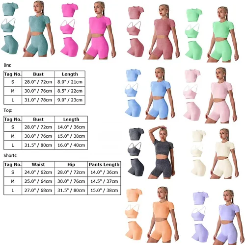 Vista 6 de Conjunto de yoga para mujer, sin costuras, pantalones cortos de ejercicio de cintura alta con brasier deportivo, 3 piezas, conjunto deportivo