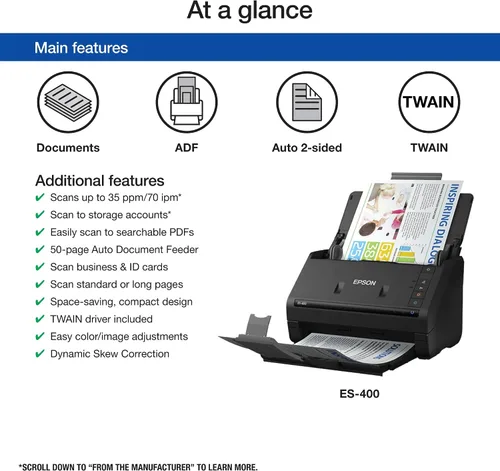 Vista 4 de Epson Workforce ES-400 Color Duplex Document Scanner para PC y Mac, alimentador automático de documentos (ADF)