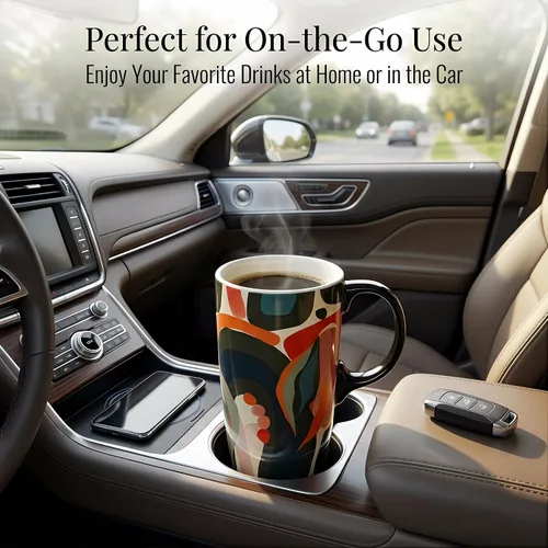 Vista 8 de DUSVALLY Taza de viaje de cerámica de 17 onzas con tapa, taza de café de arte abstracto, taza de té moderna de mediados de siglo con asa, apta