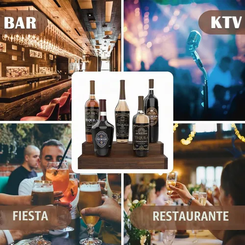 Vista 6 de TONGMO Soporte para botellas de licor, estante de exhibición de botellas de licor de 2 niveles, capacidad para 8 botellas, madera maciza, fácil