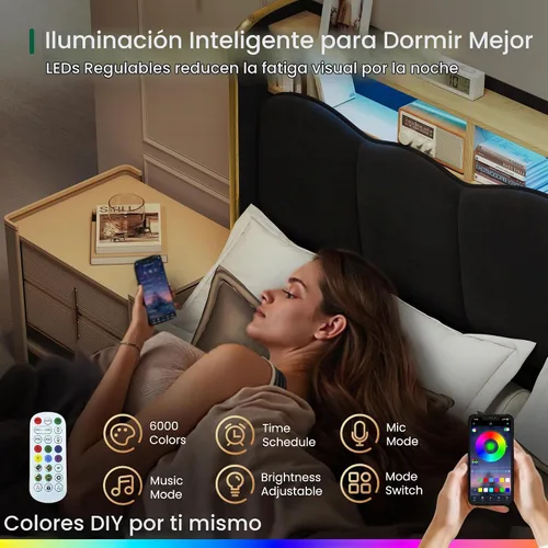 Vista 4 de LARMACE Base de cama tamaño King con luces LED y estación de carga, plataforma tapizada de terciopelo con cabecera de almacenamiento, no necesita