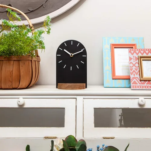 Vista 2 de SOFFEE DESIGN Reloj de mesa de una pieza con hoja de hierro con base de madera, reloj de escritorio sin tictac funciona con pilas para sala de Negro