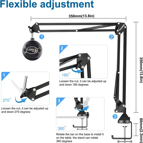 Vista 5 de Brazo de Micrófono, Aokeo AK-35 - Soporte de Micrófono de Escritorio; Soporte de Brazo de Tijera con Suspensión para Micrófono para Blue Yeti, Blue