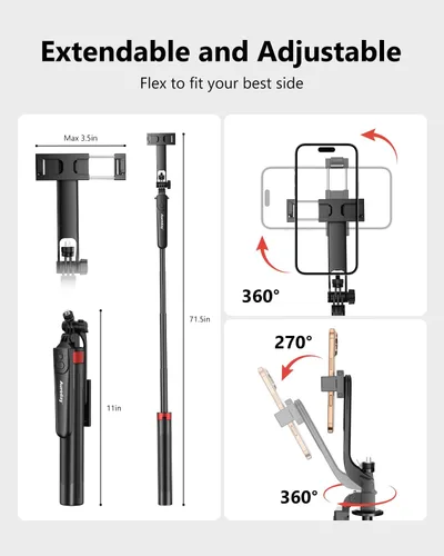 Vista 4 de Aureday Trípode de teléfono de 72" y palo para selfie, soporte de trípode para teléfono celular con control remoto inalámbrico y soporte extensible