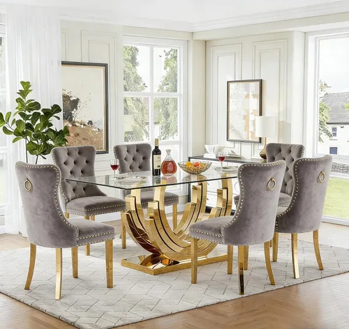 Vista 26 de Moderno juego de mesa de comedor de cristal de 5 piezas para 4, 70 pulgadas rectangular con 4 sillas copetudas de terciopelo beige, juego de mesa