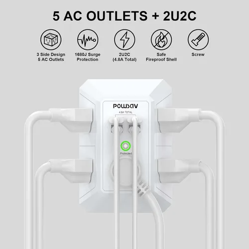 Vista 8 de Regleta de alimentación de 5 tomas con 4 puertos USB, protector de sobretensiones para el hogar, oficina, escuela, certificación ETL