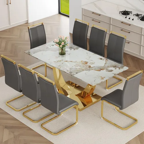 Vista 10 de Juego de mesa de comedor de mármol sintético para 6, mesas de comedor rectangulares para 6, mesa de cocina dorada y 6 sillas de piel sintética