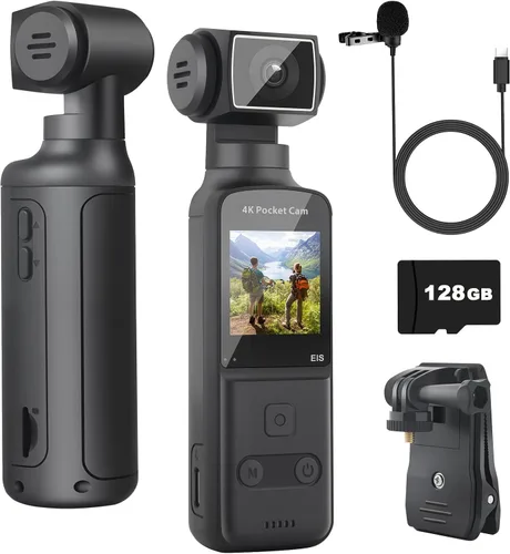 Vista 10 de Cámara Corporal 4K con Micrófono Externo, Mini Cámara de Vídeo y Audio de Bolsillo con Rotación de 270° para Deporte al Aire Libre, Bicicleta