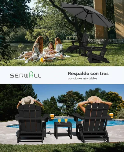 Vista 7 de SERWALL Juego de 5 piezas con silla Adirondack ajustable, puf otomano y mesa, negro