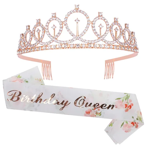 Vista 8 de CAVETEE - Juego de corona y banda de reina de cumpleaños para mujer, banda y tiara de diamantes de imitación, decoraciones de cumpleaños negras Negro