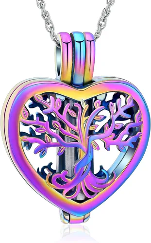 Vista 10 de shajwo Collar de cenizas de urna de cremación de corazón para mujeres y hombres, vial de árbol de la vida, colgante de cenizas de cremación