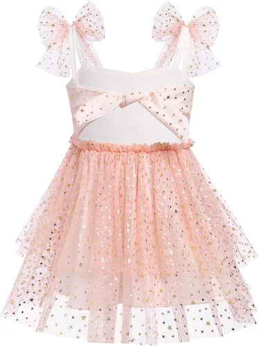 Vista 6 de Toddler Baby Girl Tulle Dress with Polka Dot Sequins Ruffle Mesh Sleeve Flower Girl Wedding Guest Birthday Party Dress