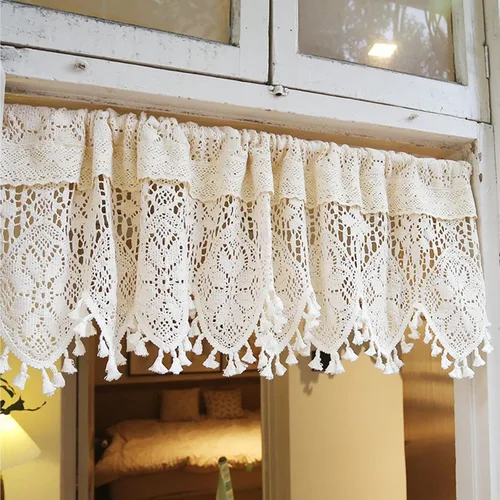 Vista 4 de Cenefa de cortina de ganchillo bohemio para ventana de cocina, retro, rústico, de algodón, con encaje, corta, bolsillo para barra con borlas