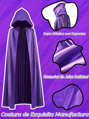 Vista 8 de Disfraces de Halloween, capa morada para mujer, capa con capucha de anime cosplay, con piedras rojas ajustables, cinturón en la cintura, guantes