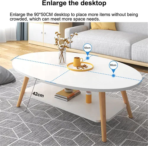 Vista 7 de Mesa de centro ovalada, mesa de centro ovalada de madera con estantería abierta para almacenamiento y exhibición, mesa de sofá de 2 niveles, mesa