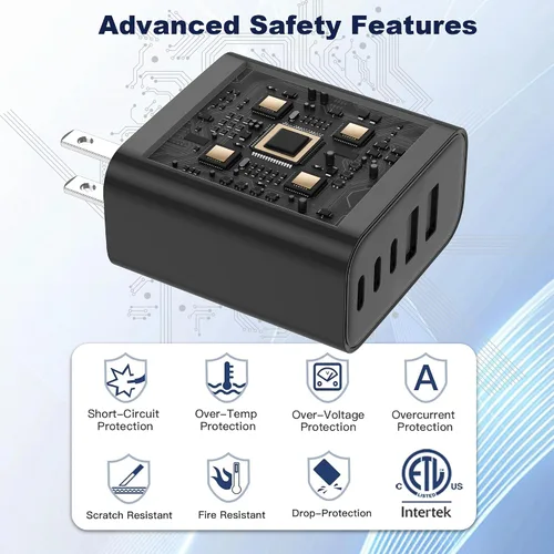 Vista 3 de Bloque de cargador USB C, bloques de carga 5 en 1 de 60 W, cargador rápido PD 3.0, enchufe de pared negro QC 2A, bloque de carga multipuerto tipo C