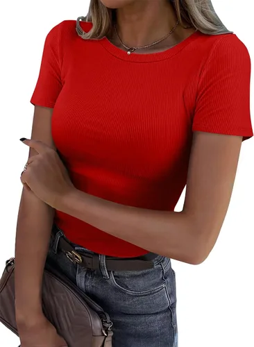 Vista 10 de Roselux - Camiseta ajustada de manga corta con cuello redondo de canalé, camiseta básica de punto. Beige