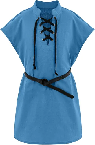 Vista 9 de Camisetas de pirata renacentista para niños, estilo vikingo, medieval, sin mangas, con cordones, de algodón escocés