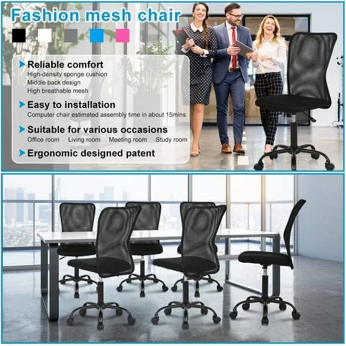 Vista 9 de BLKMTY Silla de oficina en casa, sillas de escritorio pequeñas sin brazos, sillas básicas de computadora de malla con respaldo medio, altura