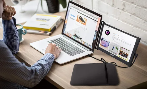 Vista 4 de SideTrak Monitor portátil deslizante de 12.5 pulgadas con funda de transporte, se fija a tu laptop para un fácil viaje, alimentación USB eficiente