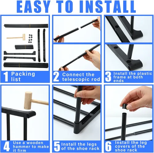 Vista 6 de Teenyyou 2 zapateros ampliables de 17 a 30 pulgadas, estante ajustable de metal de 1 nivel, organizador apilable negro para gabinete, entrada