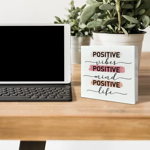 Vista 3 de Escritorio de oficina en casa, caja de madera, decoración de letrero de caja de madera positiva, vida mental, citas inspiradoras, decoración