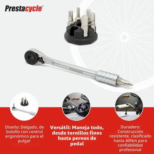 Vista 4 de Prestacycle Prestaratchet - Kit de trinquete de bolsillo micro con (6) puntas S2 y soporte redondo - Herramienta de trinquete hexagonal compacta