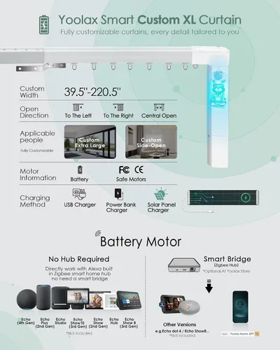Vista 5 de Yoolax Cortina inteligente XL personalizada compatible con Alexa y Google Home, cortina motorizada recargable con tamaño personalizado remoto