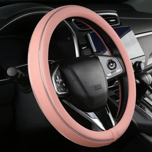 Vista 10 de ALEMODR Funda de cuero negro para volante de coche, cubierta universal de 15 pulgadas para hombres
