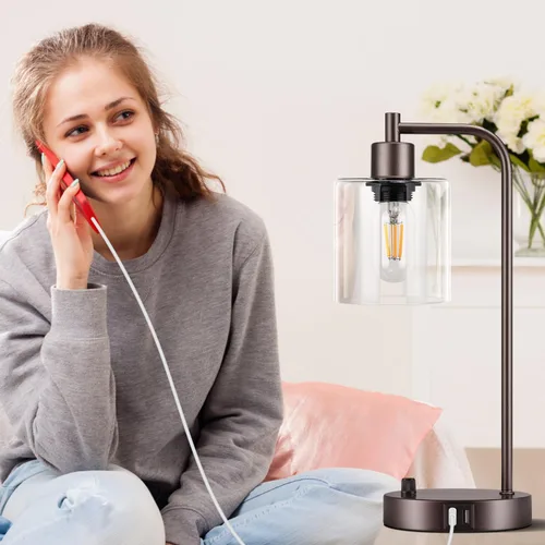 Vista 6 de Lámpara de mesa industrial marrón con 2 puertos de carga USB, totalmente regulable y moderna, lámpara de mesita de noche con pantalla de vidrio