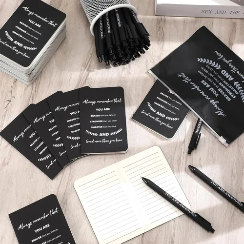Vista 3 de Seajan Regalos inspiradores a granel, 50 bolígrafos inspiradores, 50 bloc de notas motivacionales, 50 bolsas de maquillaje para mujeres y hombres