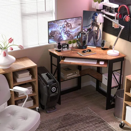 Vista 3 de VECELO - Escritorio de esquina para computadora, mesa de escritura con bandeja para teclado suave y estantes de almacenamiento, mesa triangular