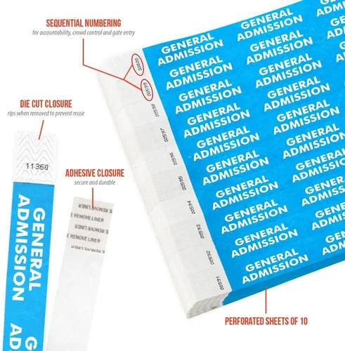 Vista 2 de 500 pulseras Tyvek de admisión general azul Wristco para eventos Cómoda pulsera Tyvek resistente al agua y al desgarro para eventos, conciertos