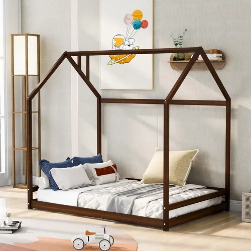 Vista 10 de HAUSHECK Montessori Cama para niños pequeños, cama de piso tamaño individual para niños y niñas, camas Montessori con rieles y techo, marco de cama