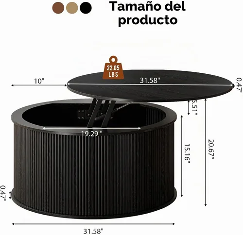 Vista 2 de Mesa auxiliar elevable, mesa de centro redonda acanalada con almacenamiento, mesa de comedor central de granja para sala de estar, apartamento