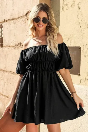 Vista 3 de Dokotoo Vestidos de verano para mujer, con hombros descubiertos, manga corta farol, con volantes, cintura elástica, acampanado, minivestido casual