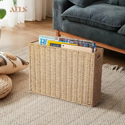 Vista 3 de AELS Cesta tejida de fibra natural para revistas, soporte de revistas para piso, organizador de revistas tejido a mano, cesta de revistas con asas