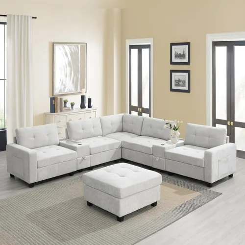 Vista 7 de Sofá modular de 103 pulgadas con 2 consolas acrílicas, juego de sofá en forma de U de gran tamaño con cargador USB, cajones de almacenamiento, Beige