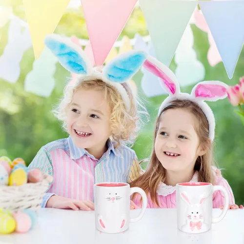 Vista 7 de Whaline 2 tazas de Pascua con asa de 12 onzas, conejo de cerámica, taza de café blanca y rosa para cumpleaños, baby shower, fiesta, decoración